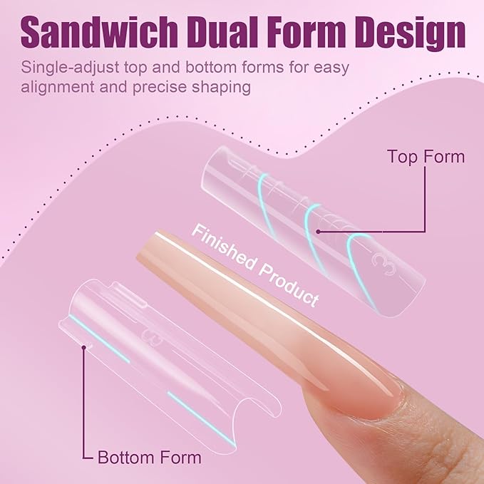280 Pcs Original Sandwich Nails Dual Form with Guide Lines Long Square Nail Mold for Builder Gel Nail Extensions Art Design Salon DIY at Home