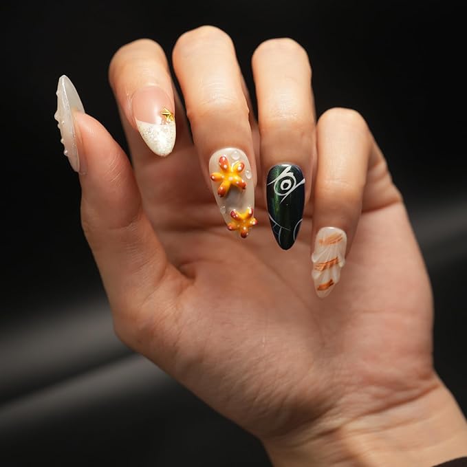 Handmade Press On Nails – 3D Almond Press On Nails Mermaid Chrome Nails with Pearl Shell, Starfish & Sea Life Designs | Reusable Fake Nails Kit (Seabed World, 10Pcs)