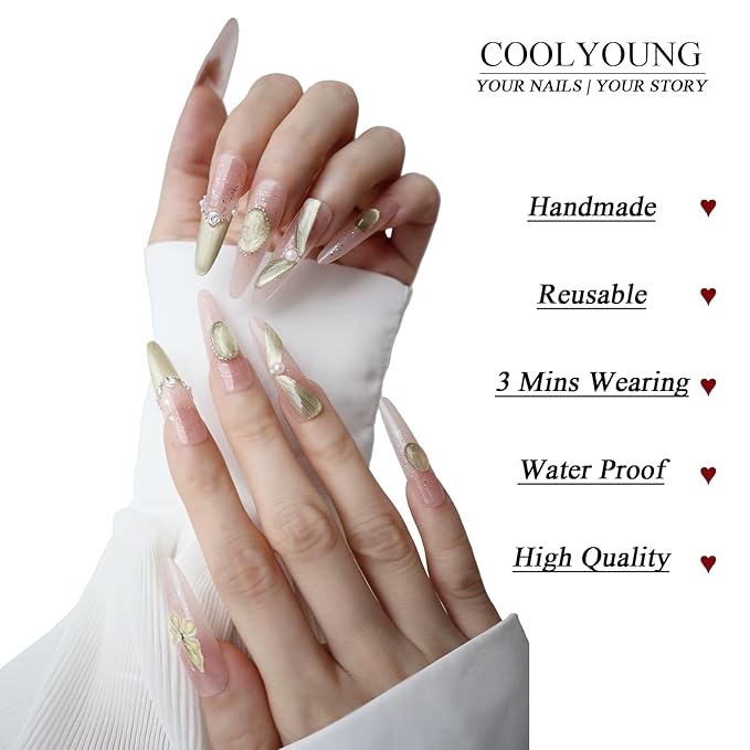 Handmade Press On Nails Long Green Fake Press On Nails Acrylic Natural Nails Women Gift Ideas French Tip Nails With Pearl Designs COOLYOUNG 15 PCS, Size L