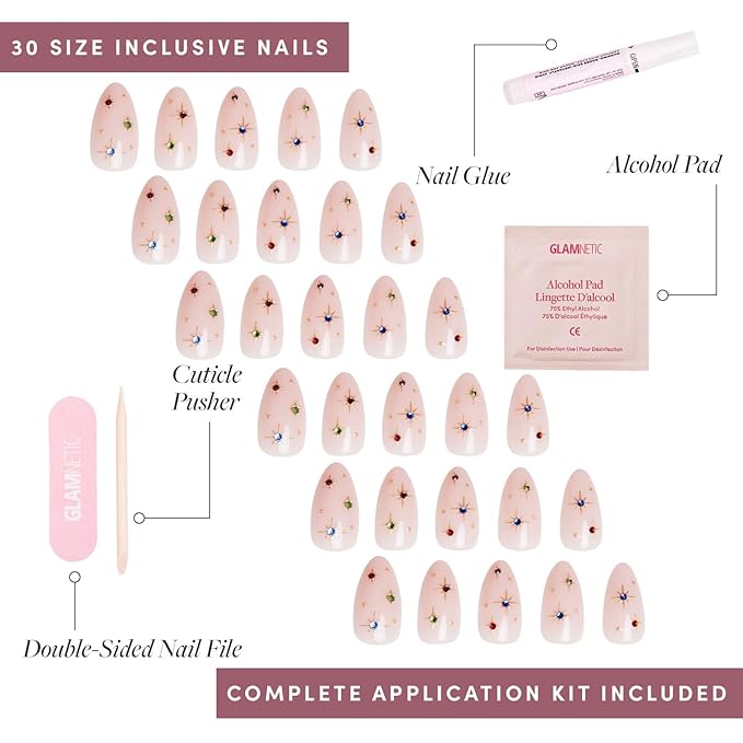 Glamnetic Press On Nails - North Star Fake Nails | Semi-Transparent 3D Multicolor Gems Short Almond Fake Nails, Salon Quality | 15 Sizes - 30 Nail Kit with Glue