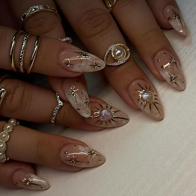 3D Nude Press on Nails Medium Almond with Bohemian Design, Nude Nail + Gold Star Glossy Stick on Nails for Women with Kit, Reusable Soft Gel Stick on Fake Nail with 3D Gold Stars Designs Perfectly Fit