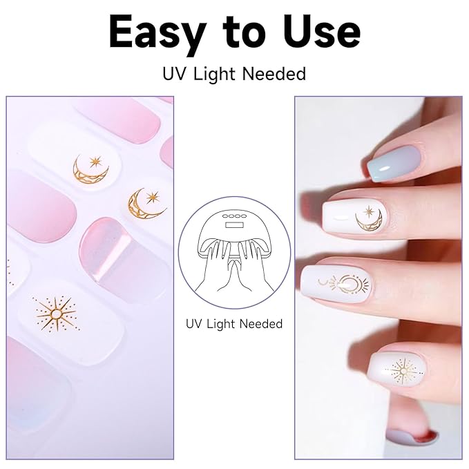 Semi Cured Gel Nail Strips, 28 pcs Gel Nail Stickers, Work with Any UV Lights, Long-Lasting Nail Wraps, Stick on Nails for women Easy to Apply & Remove