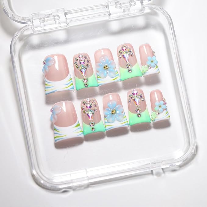 10Pcs Duck-shaped Handmade Press On Nails | French Style with 3D Floral & Rhinestone Decor | Easy to Apply, Remove & Reusable, Salon - Quality (251110, M)
