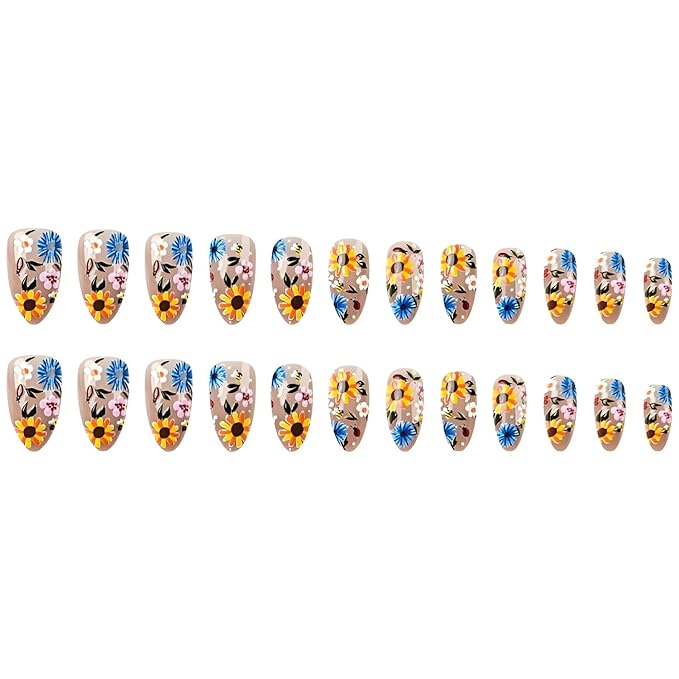 Flower Press on Nails Medium Almond Fake Nails Colorful Flower Nails Press Ons Glossy False Nails Summer Spring Glue on Nail DIY Acrylic for Women and Girls Decorations Set 24Pcs