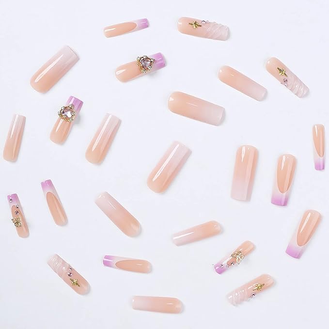 Long Press on Nails Square Fake Nails Purple Gradient French Tips Nails Press on False Nails with Relief Swirl Gold 3D Heart Designs Acrylic Nail Long Square Glue on Nail for Women Manicure