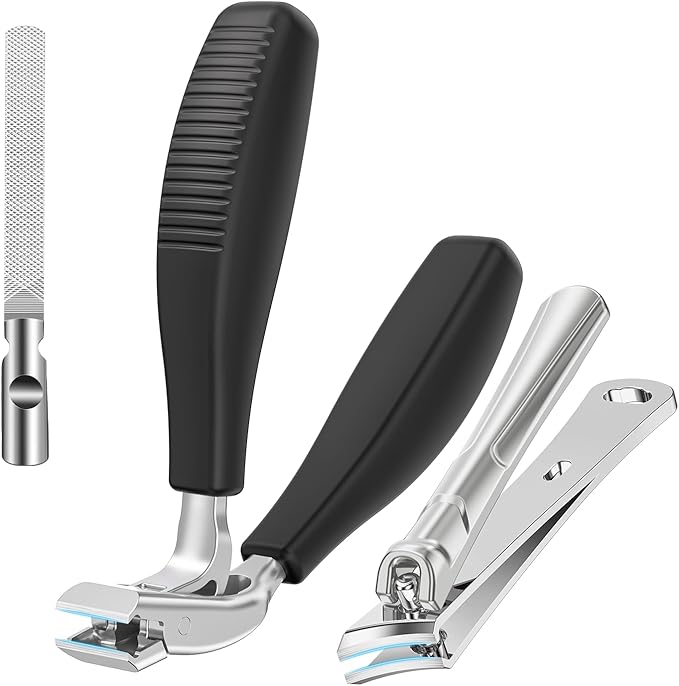 Large Toenail Clippers for Thick Nails for Seniors, Non-Slip Long Handled Angled Head Toe Nail Clippers with Catcher, Wide Jaw Opening Sharp Curved Cutter, Slanted Fingernail Clippers for Men Women
