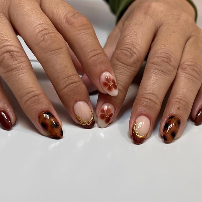 evpct 3D French Press on Nails Short Almond with Gold Line Design, Dark Red French Tip Stick on Nail for Women with Kit, Reusable Full Cover Press on Fake Nail with Flower Tortoise Shell Design