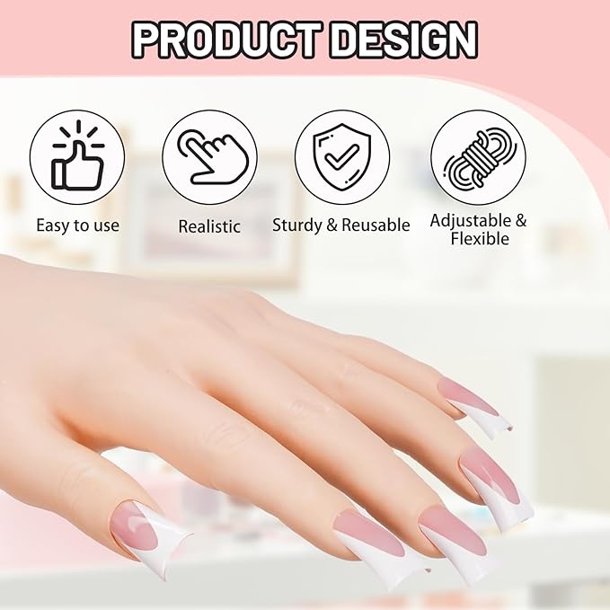 Silicon Practice Hand for Acrylic Nails, Realistic Fake Hand with Stand, 40 Nail Tips and 48 Adhesive Tabs, Reusable & Flexible Mannequin Training Model for Manicure & Nail Art Practice