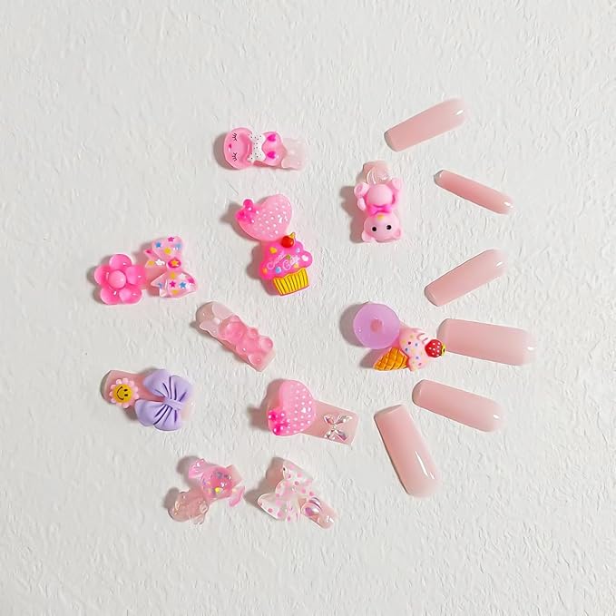 24Pcs Long Press on Nails Square Fake Nails with Charms Nude Pink Acrylic Nails Cute Heart Bear Charm Designs Glue on Nails Reusable Artificial Full Cover Stick on Nails for Women and Girls