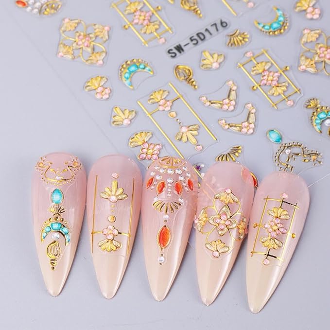 Gold Nail Art Stickers Sun Moon Nail Decals for Nails Art Flower with Design Nails Stickers 5D Embossed Self Adhesive for Women Girls Kid Manicure DIY Charms Decoration 2 Sheets