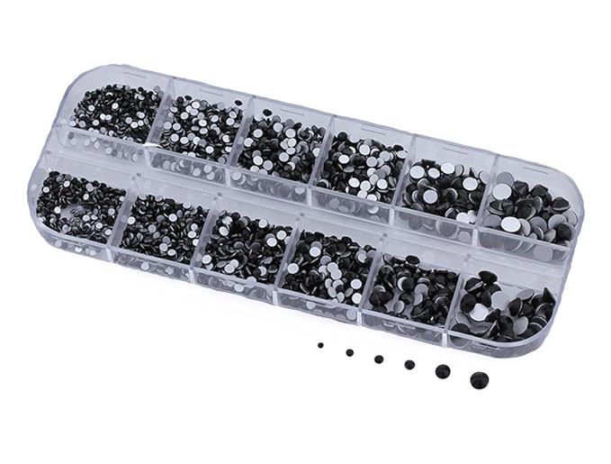 Over 2100 Pieces Jet Black Flat Back Glass Rhinestones Crystals for Nail Art Kit 6 Sizes (1.4mm - 4.8mm)