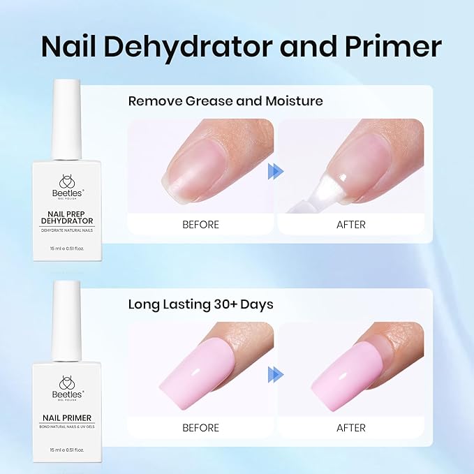 Beetles 4 Pcs 15ml Gel Top Coat and Base Coat Set with Nail Dehydrator and Primer, Professional Nail Prep Acid-Free and Hema-Free Dehydrate Bond Primer Set for Gel Nail Polish
