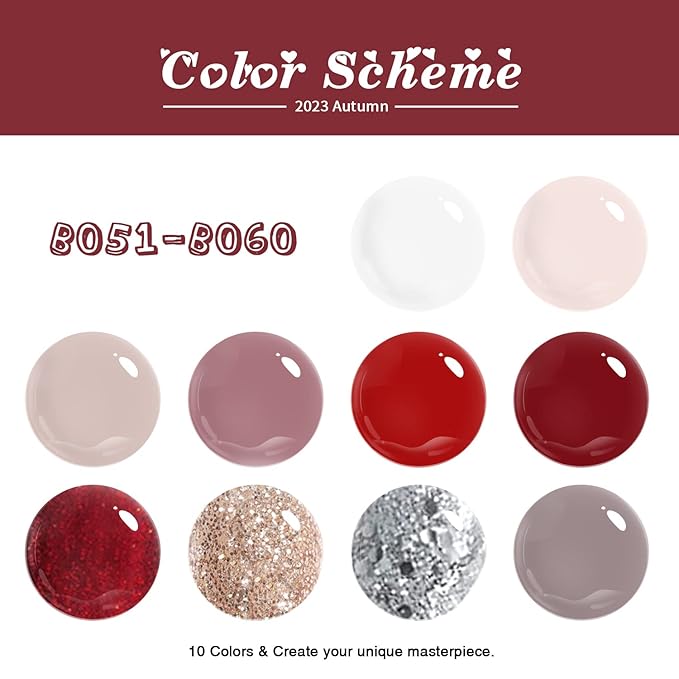 Beautpal Red Gel Nail Polish Set 10PCS Nude Red Sparkle Burgundy White Nude Champagne Sliver Gel Polish kit Soak Off Nail Art Design Manicure Gifts For Women Girls 7ml