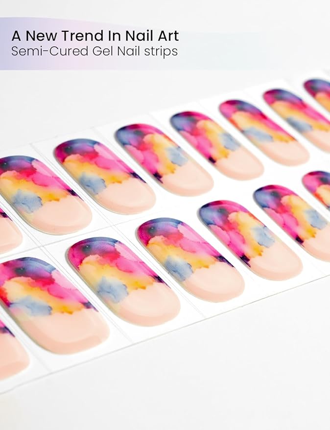 Semi Cured Gel Nail Strips | Built-In Gel Top Coat | UV Light Required | Salon Quality, Easy Application And Removal (Ink Blot Rainbow）
