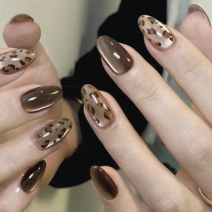 Brown Cat Eye Press On Nails Short Almond – Leopard Print Designs, Acrylic Reusable Fake Nails with Adhesive Tabs Glue, Salon Quality Nail Press Ons - Magnetic Nail Kit for Women Manicure