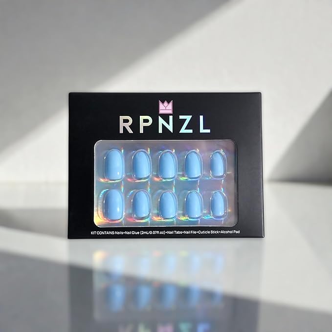Press On Nails - Cloud Nine | Opaque Soft Pale Sky Blue Short Oval Fake Nails, Salon Quality | 32 Nails, 16 Sizes Kit with Glue and Adhesive Tabs I Female Founded