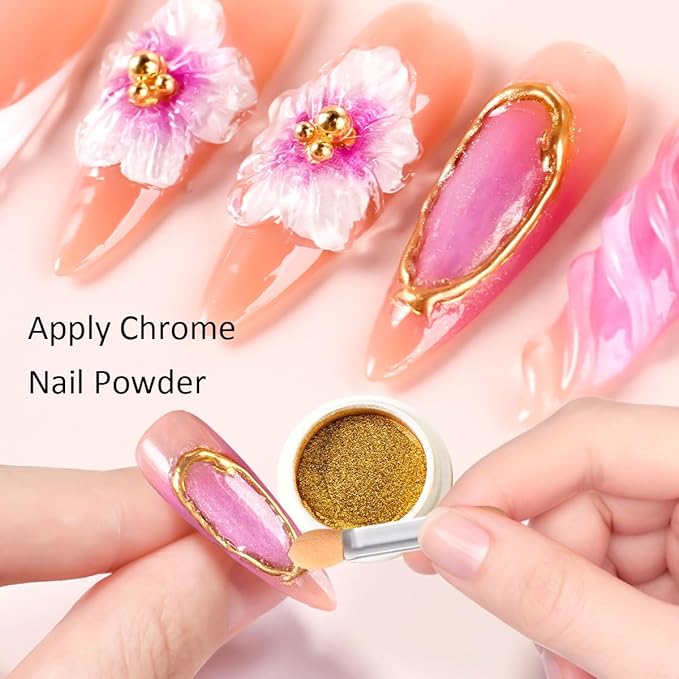 3D Gel Nail Art - 10g Sculpting Gel for Molding, Drawing, Charms & Beads Glue with Gold Chrome Nail Powder and 5D Flower Stickers for Nails Design Beginner