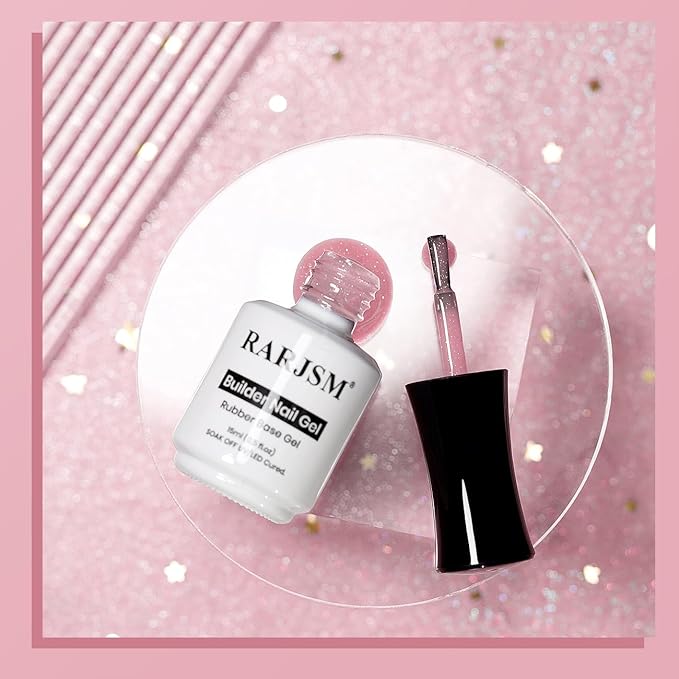 RARJSM Glitter Rubber Base Gel Nail Polish Nude Cherry Blossom Pink Rainbow Iridescent Shimmer Brush on Quick Extend Builder Hard Gel Soak Off Curing Requires 15ml Salon Home French Manicure