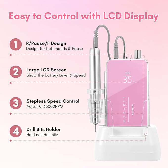 Makartt Nail Drill Professional, 35,000RPM Rechargeable Electric Nail File for Acrylic & Gel Removal, 60W Brushless Motor, 2-in-1 Desktop & Portable, LCD Display, for Home & Salon Use, Nouvella Pink