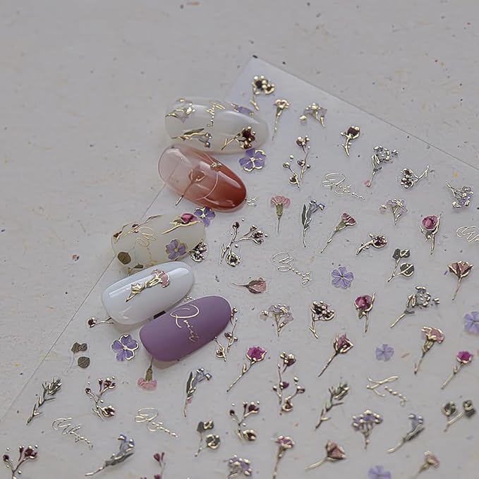 2Sheets Valentine's Day Floral Nail Art Stickers, Metallic Golden Leaves Dried Flowers Design Nail Decals