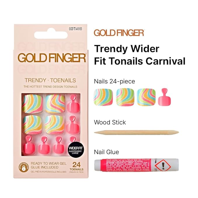 GoldFinger Trendy Press On Fake Toenail Kit Wider Fit, Fantasy Abstract Print & High Pigment Pink Color, Ready to Wear Gel & Manicure Stick, Mini Glue included, Long-Lasting Convenient & Easy to Apply