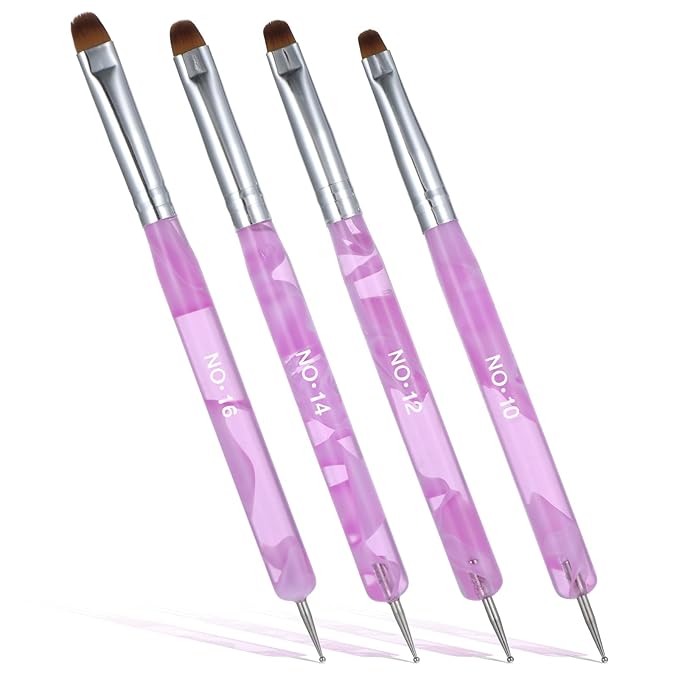 4 Pcs Nail Clean Up Brush French Gel Acrylic Nail Art Brushes Two Way French Tip Brush with Dotting Professional Manicure Tool for Cuticle Clean up Detailed Designs Dotting Pen (10#, 12#, 14#, 16#)