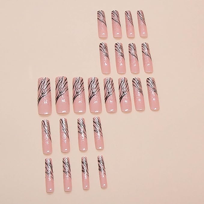 Long Press on Nails Square Fake Nails Silver Glitter French Tip False Nails with Silver Swirl Design Acrylic Nails Long Square Glue on Nail Full Cover Stick on Nail for Women 24Pcs