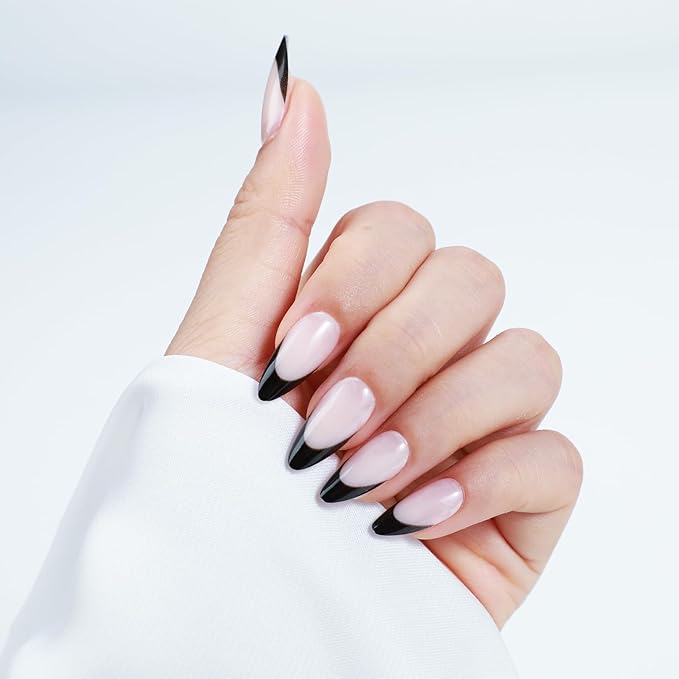 Rnker French Tip U Shape Press On Nails - Black, Almond Top gel Nails with Bright Finish, 15 Sizes - 30 Nail Kit with Glue