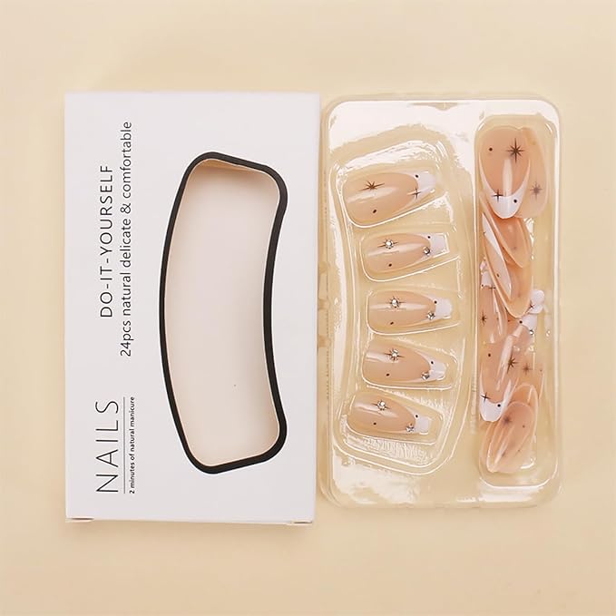 Star Rhinestones Press on Nails Medium Almond White Tips Glossy False Nails Stick on Design Full Cover Artificial Glue on for Women Girls DIY Art Decoration 24pcs