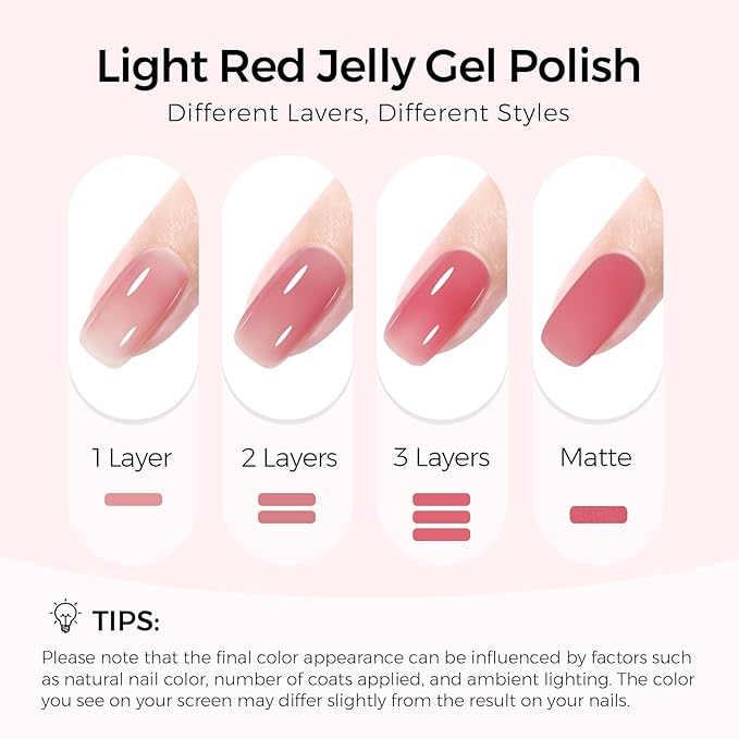 TOMICCA Jelly Gel Nail Polish, 15ml Light Red Jelly Nails Gel Polish, Soak Off UV Led for Cure, Strawberry Red Translucent Colors Long Lasting French Nail Art Manicure Salon For Woman