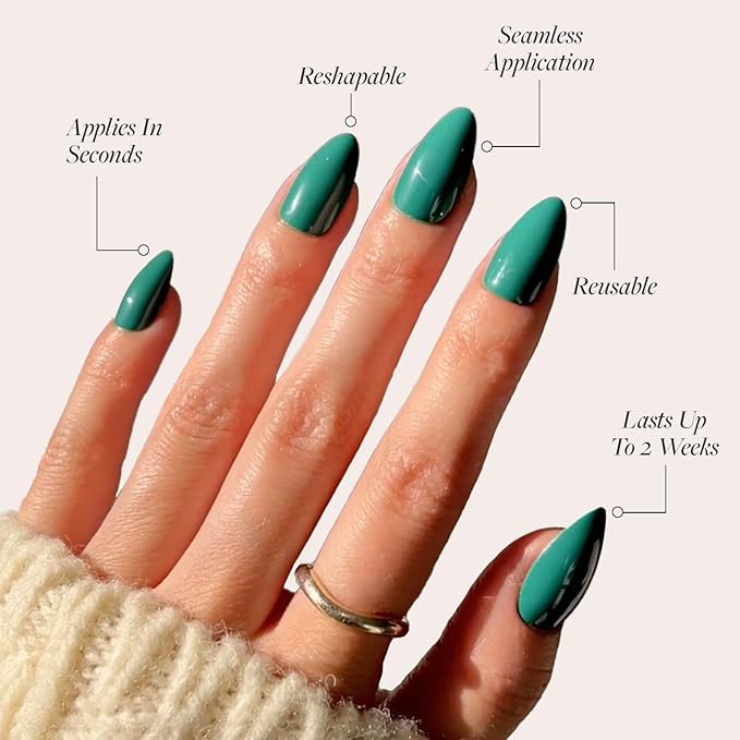 Glamnetic Press On Nails - Emerald Green | Opaque Cool Tone, Deep Emerald Green Short Almond Fake Nails, Salon Quality | 15 Sizes - 30 Nail Kit