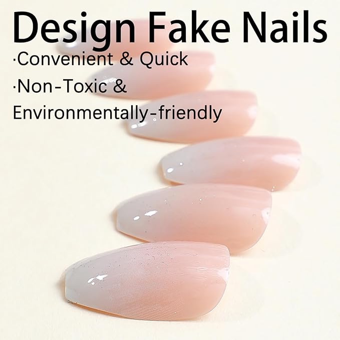 Ombre Press on Nails Medium Coffin Fake Nails Pink Gradient False Nails with Glitter Designs Glossy Glue on Nail Bling Shiny Full Cover Acrylic Stick on Nail for Women Manicure 24Pcs