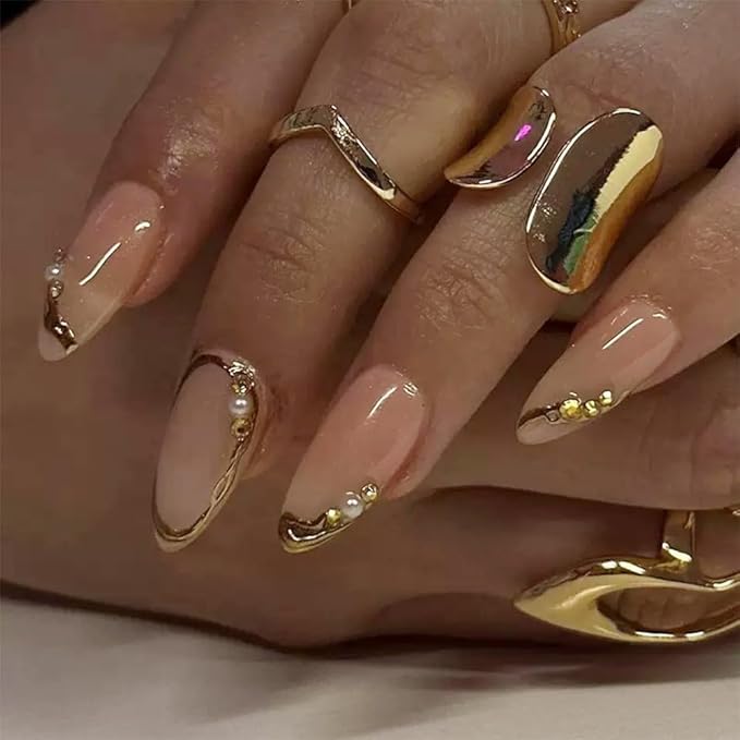 Gold Press on Nails French Tip Fake Nails Almond Medium False Nails Press Ons Pearl Glossy Full Cover Acrylic Glue on Nail Artificial Stick on Nail or Women Manicure 24Pcs