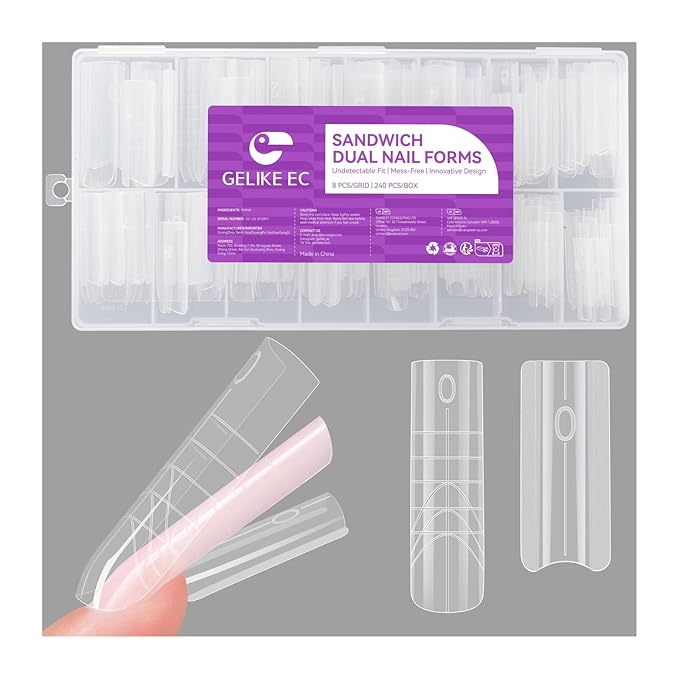 Gelike EC Sandwich Dual Forms for Polygel: Reusable Square Nail Form for Builder Gel & Acrylic Nails - 240pcs 15 Size with Guidelines to Create Short, Medium, Long Styles - C-Curve with Straight Sides