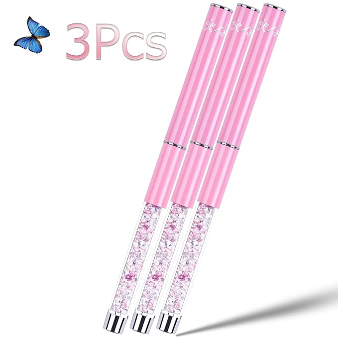 3-Piece Nail Art Brush Set - Rhinestone-Handled Gel Polish & Liner Brushes, 7&15 mm, for Salon & Home DIY Manicure (Pink)