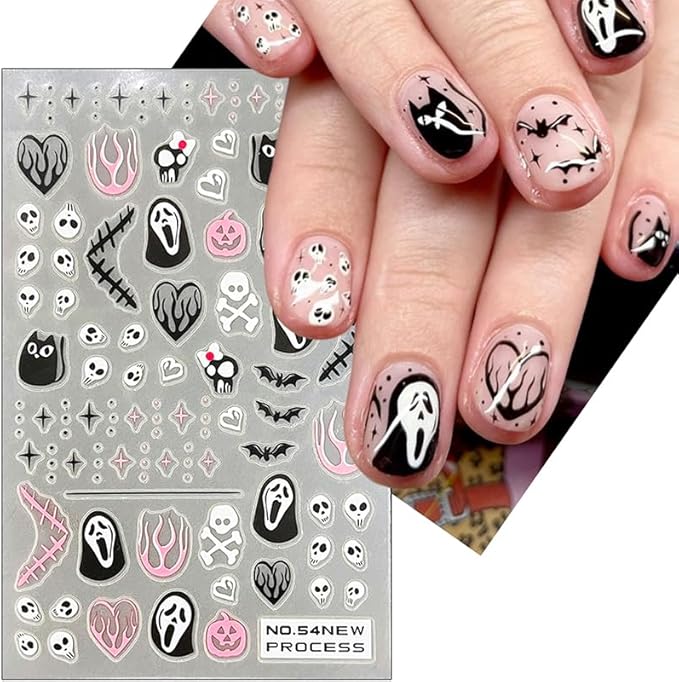 Halloween Nail Stickers Decals 3D Horror Spooky Devil Ghost 3D Self-Adhesive Nail Designs Gothic Ghost Pumpkin Skull Skeleton Halloween Nail Decals for Women Girls DIY Manicure Horror Nail Decoration