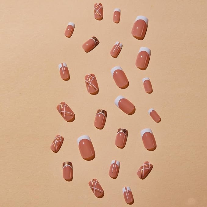 French Tip Press on Nails Medium Length Fake Nails Square Nails Press ons with Gold Glitter Design Reusable Artificial Nail Full Cover Glue on Nail Stick on Nails for Women Manicure 24Pcs