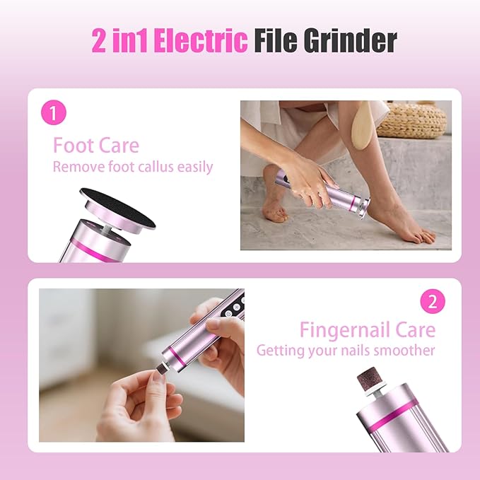 Electric Callus Remover for Feet – 2-in-1 Rechargeable Foot Sander with Sandpaper Discs & Nail Drill Bits, Adjustable Speed, LED Display, Professional Pedicure Tool for Home & Travel