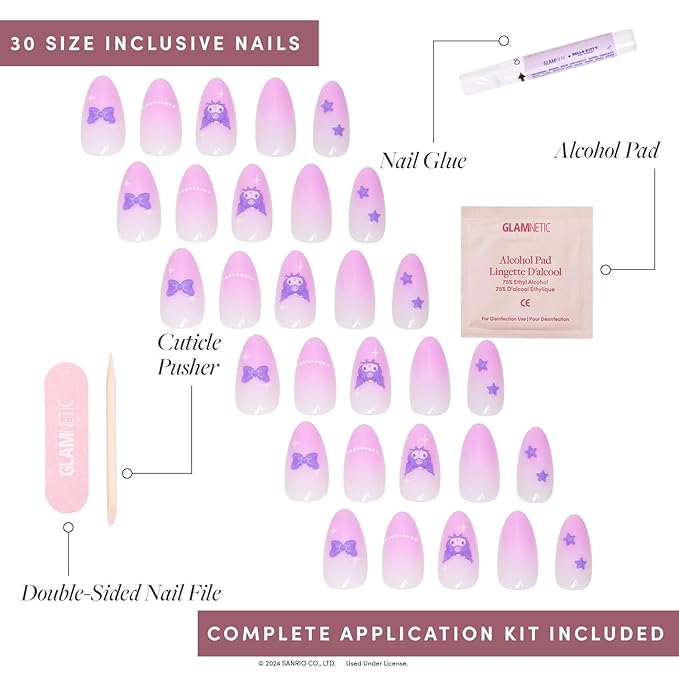 Glamnetic x Hello Kitty® and Friends Press On Nails - Kuromi™ | Short Almond Purple Ombre Graphic Fake Nails in a Glossy Finish | 15 Sizes - 30 Nail Kit with Glue