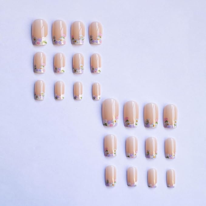 Floral French Press on Nails Medium Square MABKJLF White French Tip Fake Nails False Nails with Fower Nail Tip Designs Full Cover Glossy Glue on Nails Spring Summer Acrylic Nails for Women Girls 24Pcs
