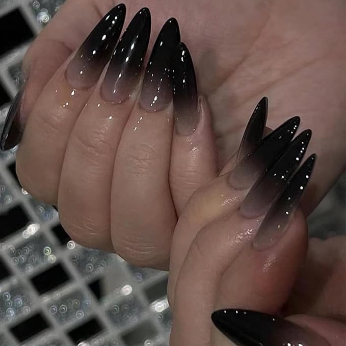 Black Press on Nails Medium Almond Fake Nails Press ons Medium False Nails with Designs Ombre Glossy Full Cover Acrylic Glue on Nails Halloween Stick on Nails for Women Nail Art Decoration 24Pcs