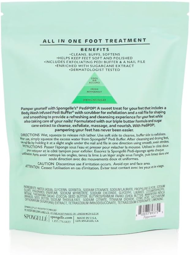Spongellé Peppermint PediPOP! Pedi Buffer & Nail File | All-in-One Pedicure Treatment | Exfoliates, Softens & Cleanses | 30+ Washes | Vegan & Cruelty-Free