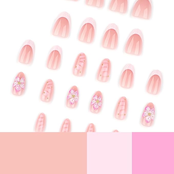 Press on Nails Almond - Short Fake Nails with Flower Design - Pink, French Tip False Nails Press ons - for Women 24 Pcs