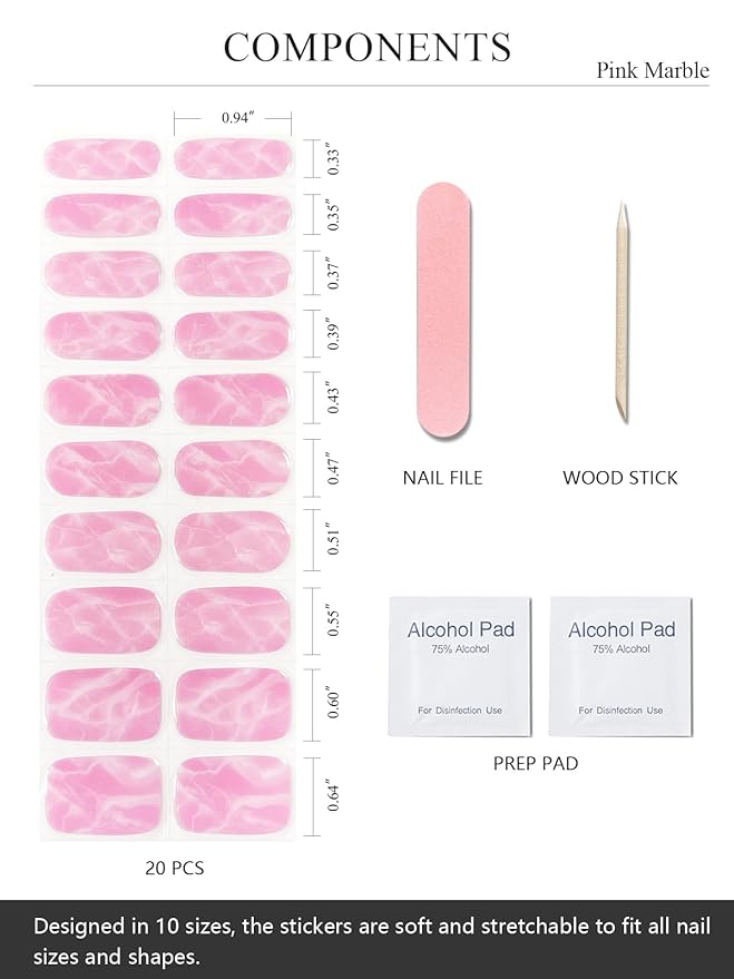 Semi Cured Gel Nail Strips (Pink Marble), 20 Pcs Gel Nail Wraps, Stickers, UV Light Required, Salon Quality, Long Lasting