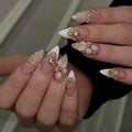 Medium Press on Nails Almond - French Tip Fake Nails with Shell Star Design - Flower False Nails Press ons - for Women 24 Pcs