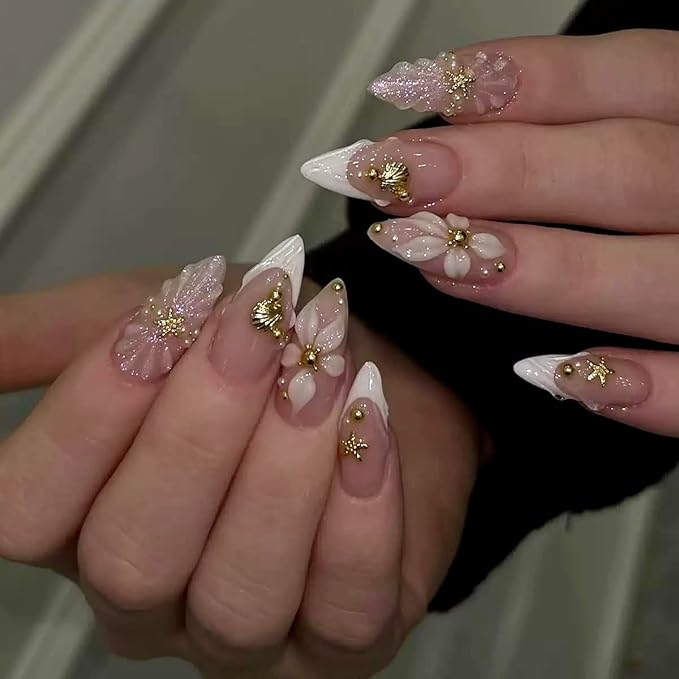 Medium Press on Nails Almond - French Tip Fake Nails with Shell Star Design - Flower False Nails Press ons - for Women 24 Pcs