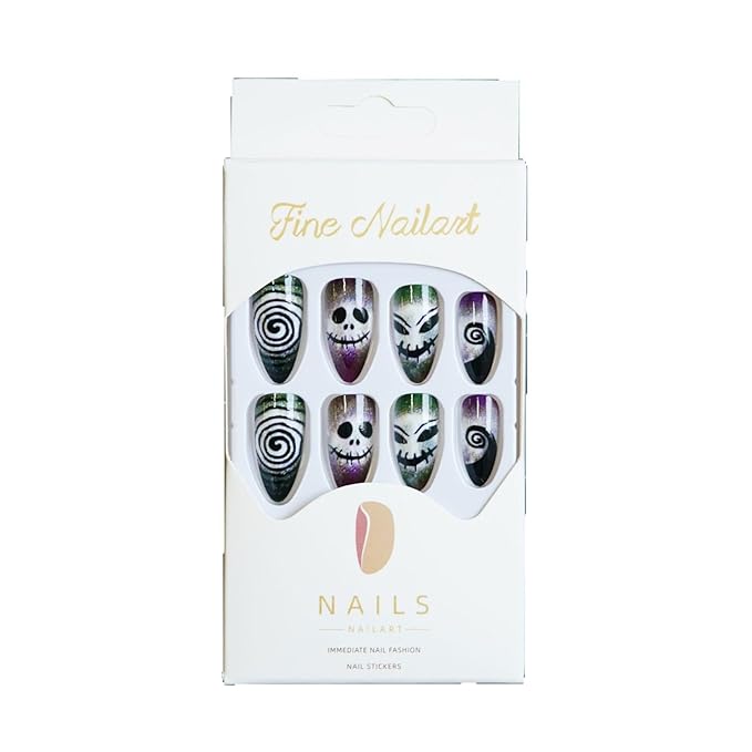 24 Pcs Halloween Almond Press on Nails, Glossy Fake Nails with Funny Skull & Swirl Design, Full Cover False Nails, Acrylic Stick on Nails for Women Girls Nail Art Manicure Decor