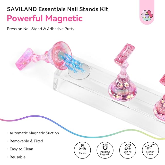 SAVILAND Solid Nail Glue Gel & Nail Glue Remover Kit: Gel Nail Glue for U V Light Nail Glue for Press Ons SAVILAND 3 Set Essentials Nail Stand for Press Ons :Powerful Magnetic Nail Holder for Paintin