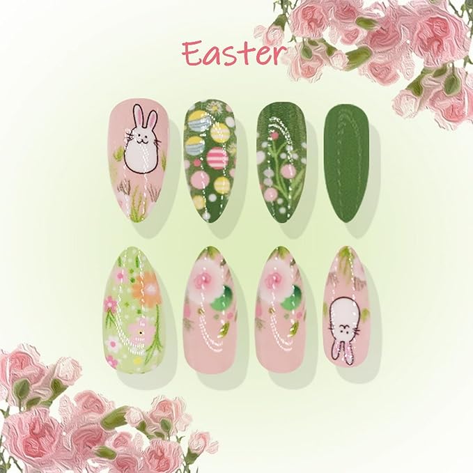 Easter Rabbit Fake Nails Full Cover Colorful Flower Acrylic Nails False Nails with Easter Bunny Eggs Design Green Easter Press on Nail Medium Almond Glossy Stick on Nails for Women Nail Art DIY 24 Pcs
