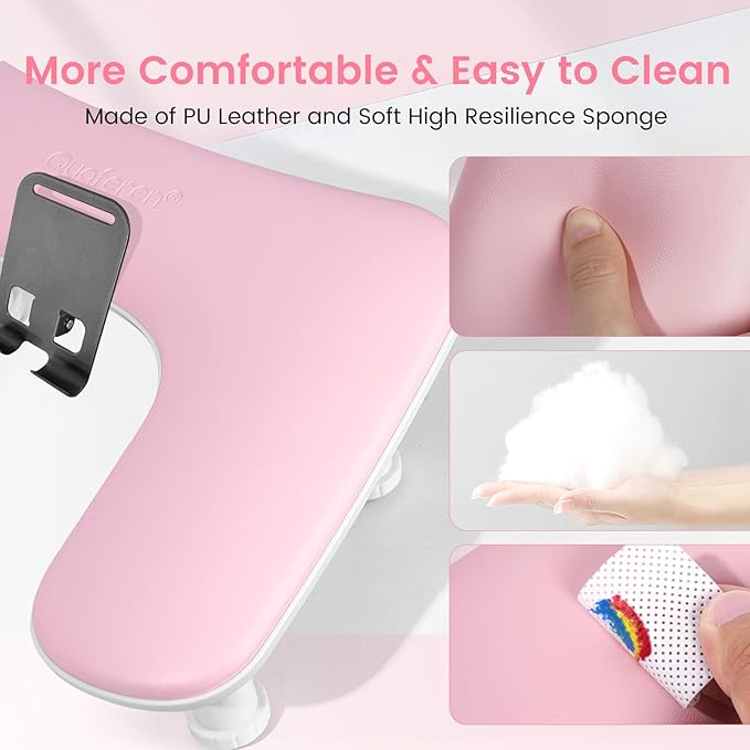 Arm Rest for Nails Tech: 3rd Generation Manicure Nail Arm Rest with Rotating Phone Stand, U-Shaped Height Adjustable Hand Rest Pillow for Acrylic Nails Pink